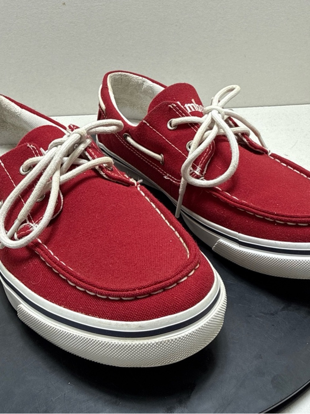Timberland Men’s Red Canvas Boat Shoes with White Laces